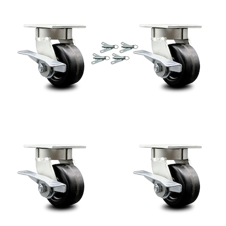Service Caster 4 Inch Kingpinless Phenolic Wheel Swivel Caster Set with Brakes and Swivel Locks SCC-KP30S420-PHR-SLB-BSL-4